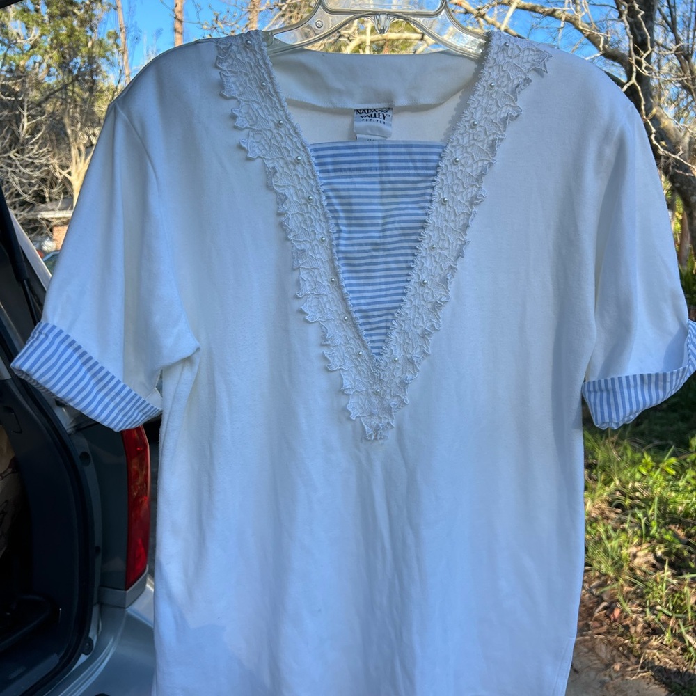 White and Blue Lace Trim Blouse